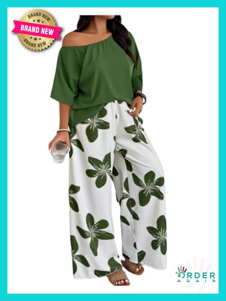 Women's Plus Size 2 Piece Vacation Set Off The Shoulder Top And Boho Print Pants